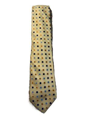 Marshall Field's Silk Tie Gold Blue Geometric Squares
